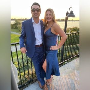 VICI All For You Satin Midi Slip Dress in Navy